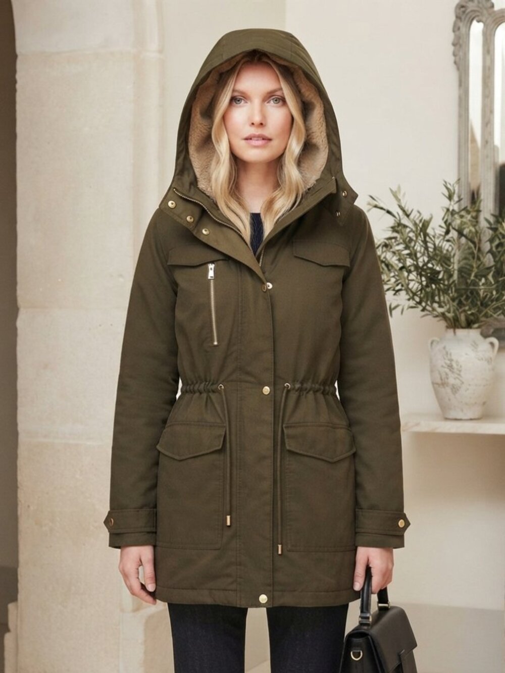 TOPSHOP Olive Green Faux Fur Lined Hooded Parka Utility Coat Large